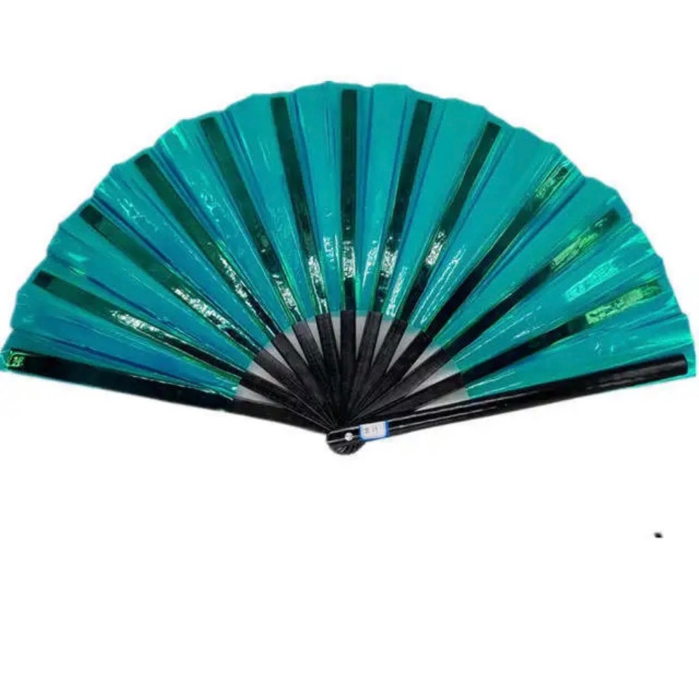 Green PVC Holographic Folding Rave Black Bamboo Hand Held Fan Festival E…
